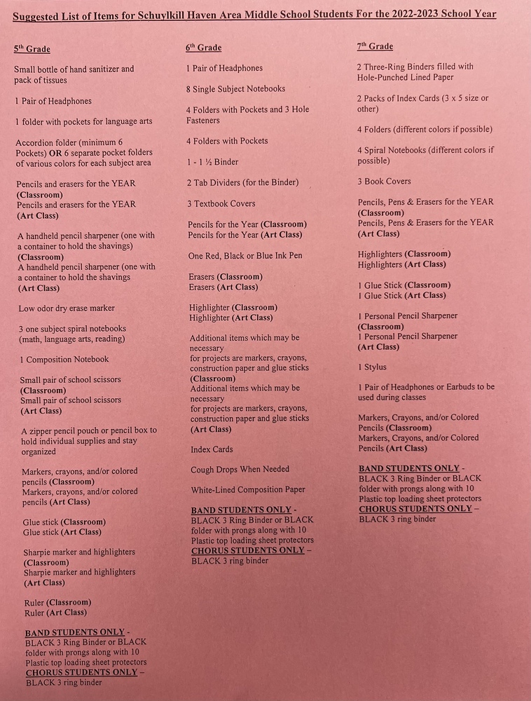 Suggested Supply List Schuylkill Haven Area Middle School